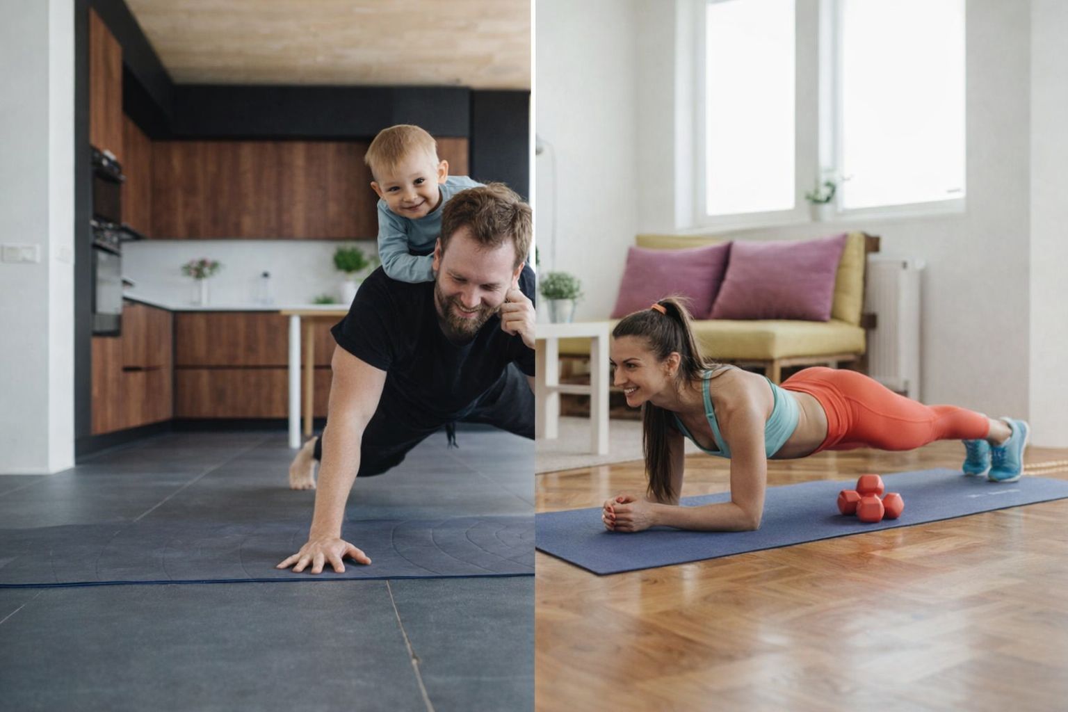 Föräldrar som tränar styrketräning hemma med barn i vardagsrummet.